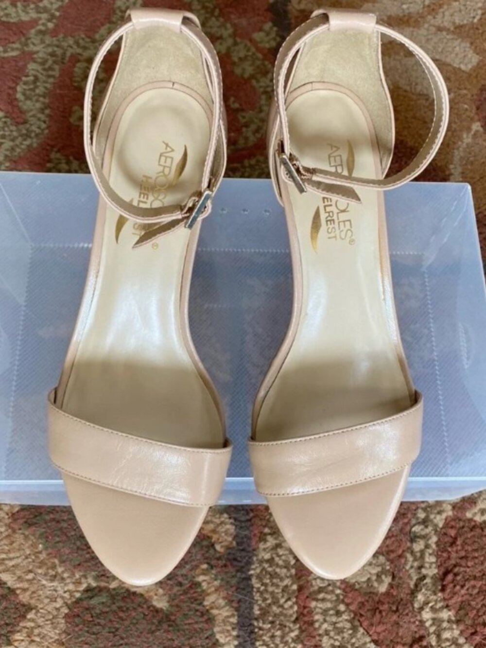 AEROSOLES Tan Leather 3" Heel Sandals with Ankle Strap